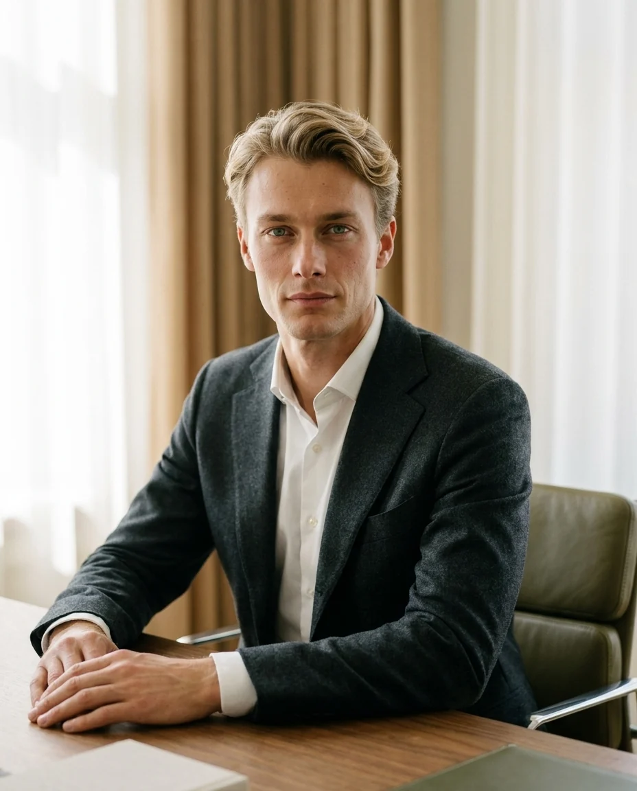 Financial adviser in a charcoal blazer at a calm office desk
