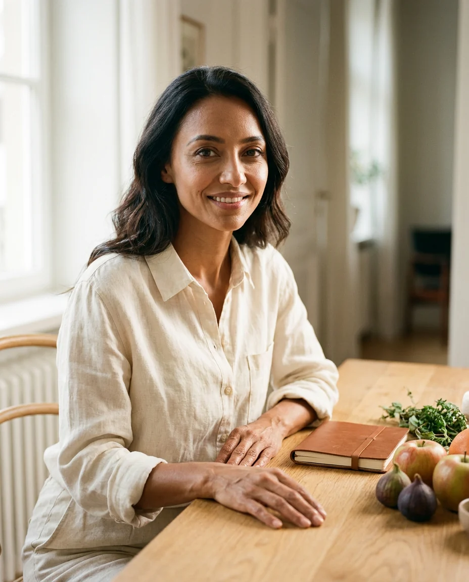 Registered nutritionist at a sunlit table with fresh seasonal produce