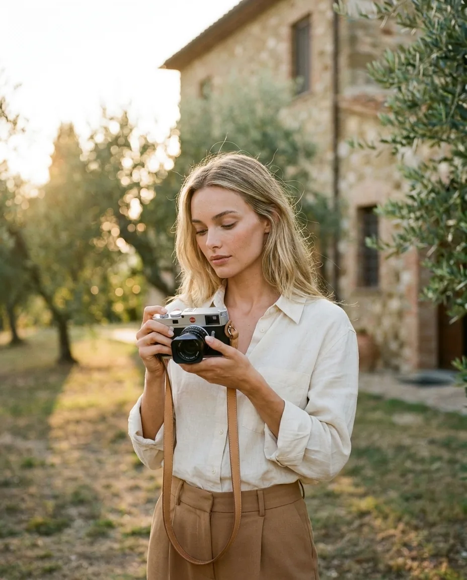 Photographer reviewing a frame on her camera in an olive grove at golden hour