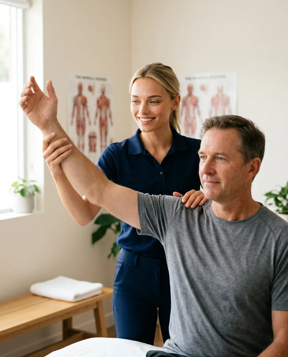 Physiotherapist working with a client in a calm, sunlit clinic