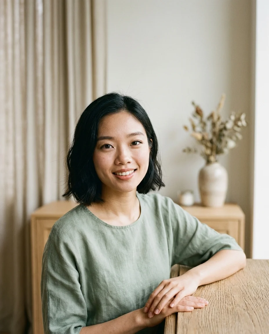 Wellness practitioner in soft sage linen in a serene room