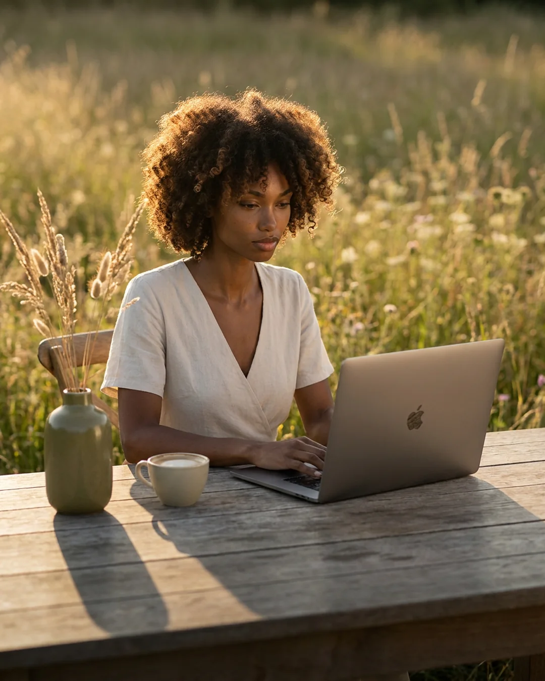 Founder refining her Squarespace website on a laptop in a meadow at golden hour