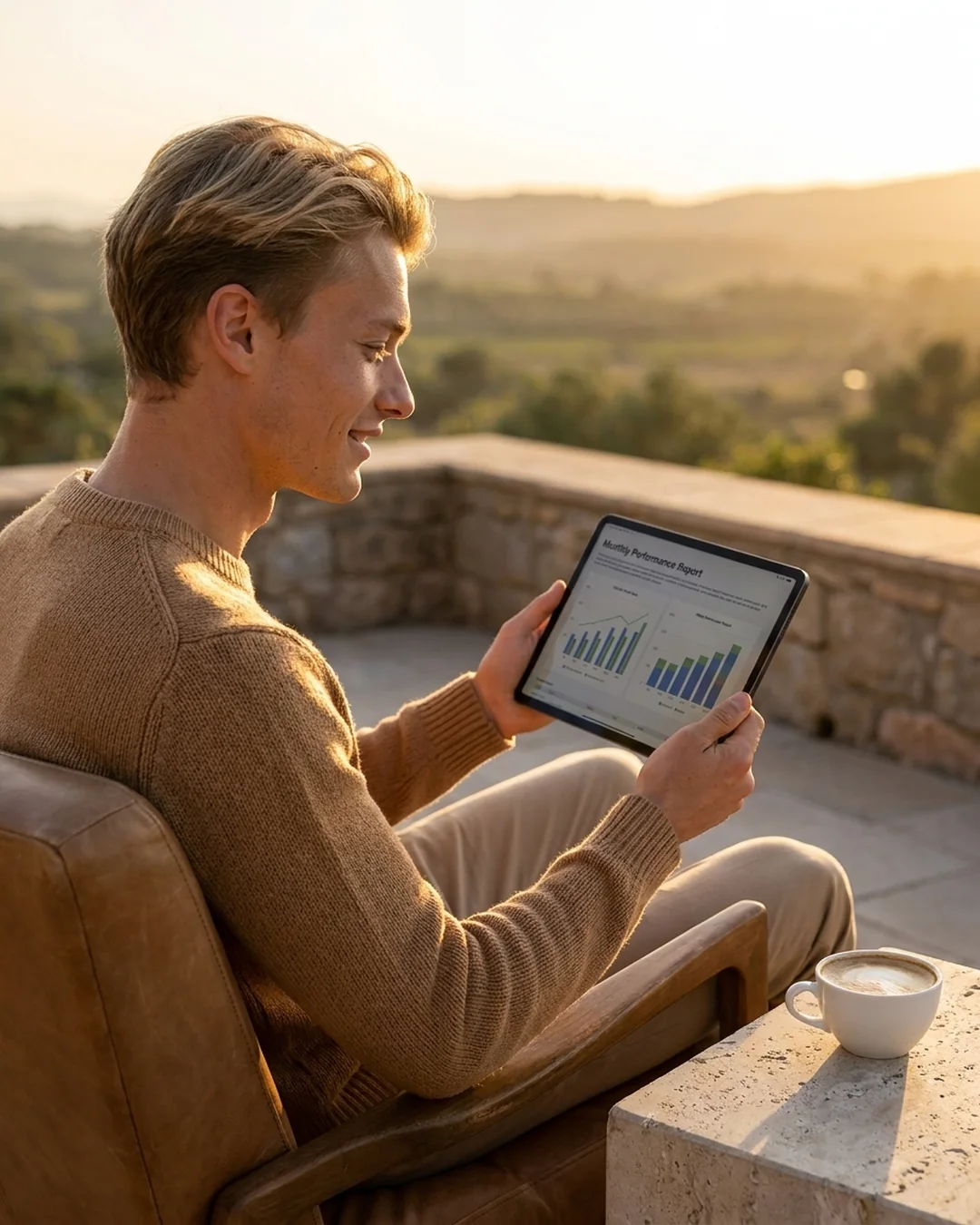 Consultant reviewing website performance on a tablet at golden hour