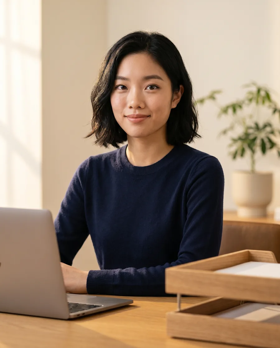 Accountant reviewing figures at a tidy, sunlit desk