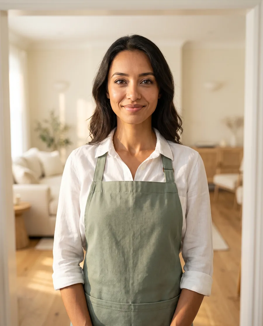 Professional cleaner in a bright, tidy home