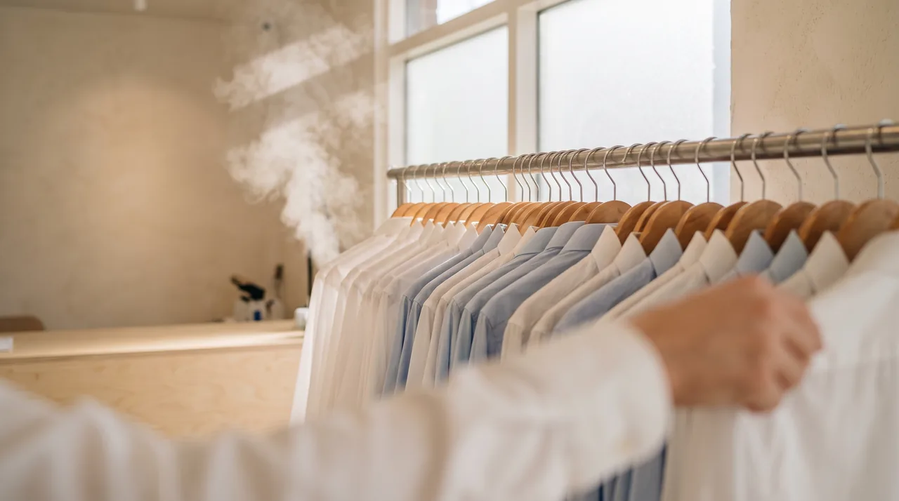Freshly pressed shirts on a rail at a dry cleaner