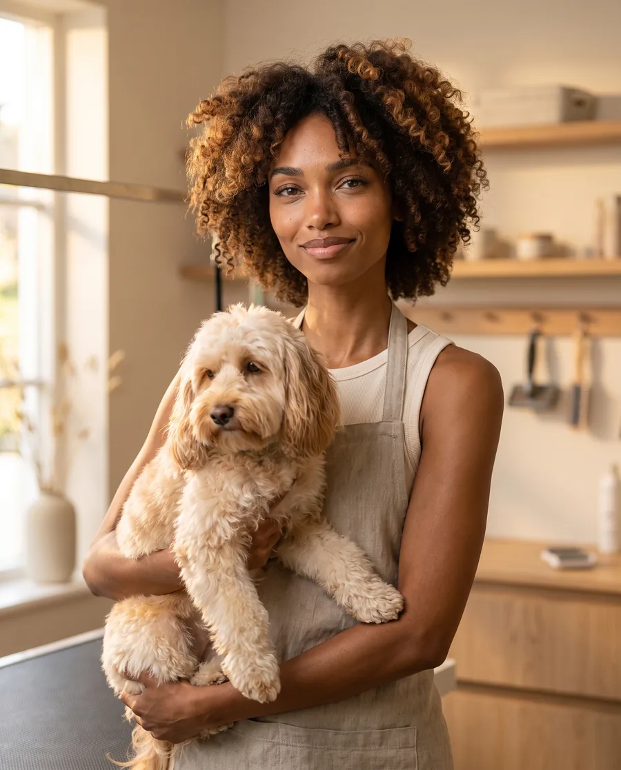 Pet groomer with a dog in a bright, calm grooming studio