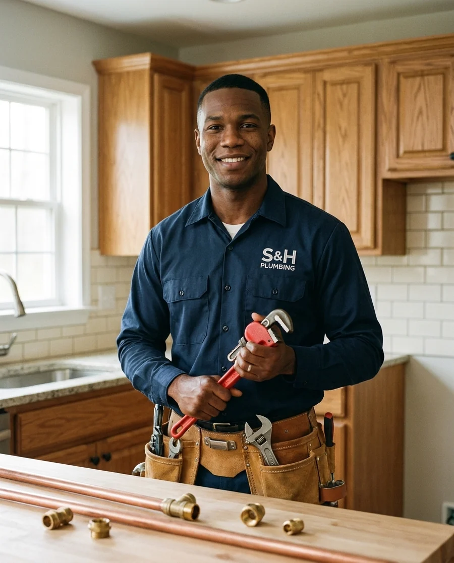 Plumber in navy workwear holding a pipe wrench in a bright renovated kitchen